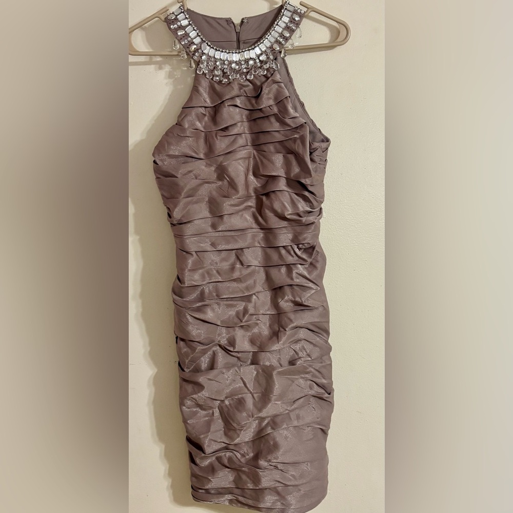 R & M Richard's Ruched Formal Dress in Taupe With Jeweled Neckline